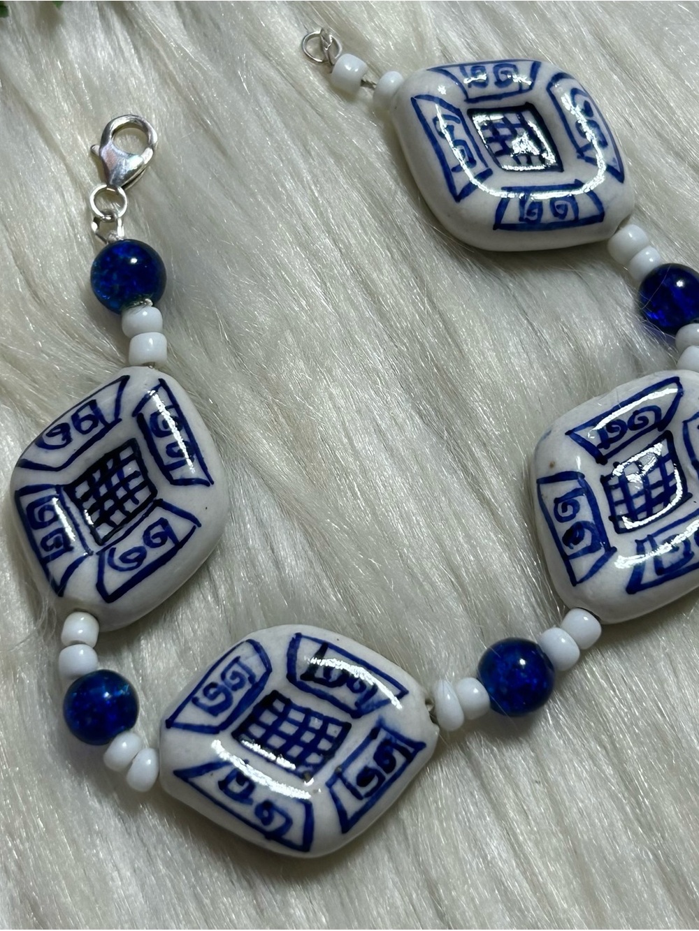 Vintage 925 Blue White Ceramic Beaded Bracelet